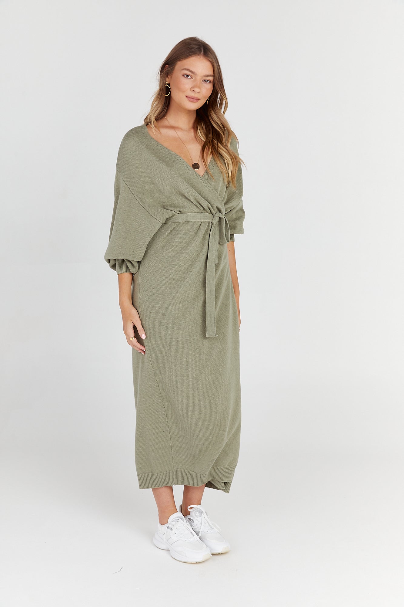Knit cotton wrap dress - Olive